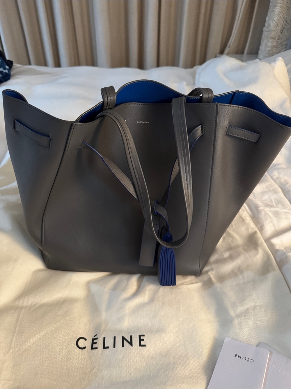 Celine Gray Leather Tote with Blue Interior